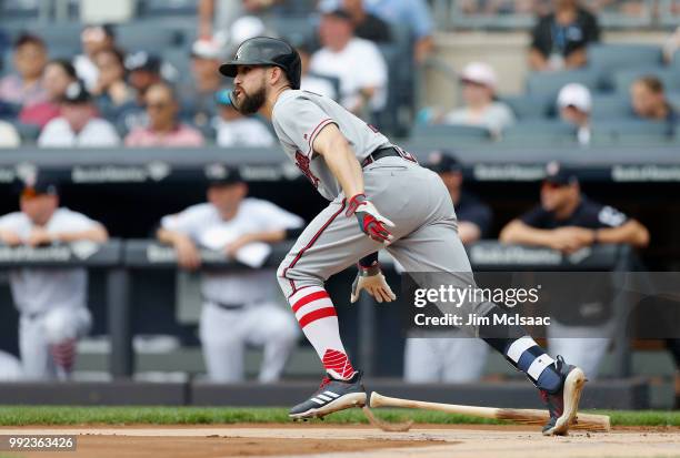 Ender Inciarte of the Atlanta Braves first inning single against the New York Yankees at Yankee Stadium on July 4, 2018 in the Bronx borough of New...