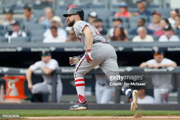 Ender Inciarte of the Atlanta Braves first inning single against the New York Yankees at Yankee Stadium on July 4, 2018 in the Bronx borough of New...