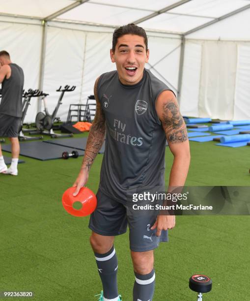 Hector Bellerin of Arsenal during a training session at London Colney on July 5, 2018 in St Albans, England.