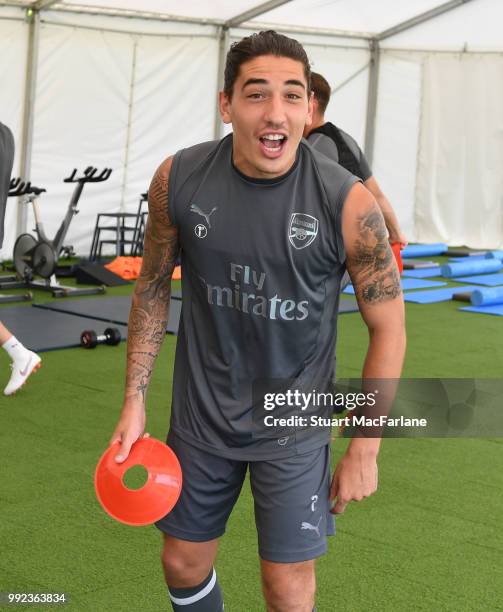 Hector Bellerin of Arsenal during a training session at London Colney on July 5, 2018 in St Albans, England.