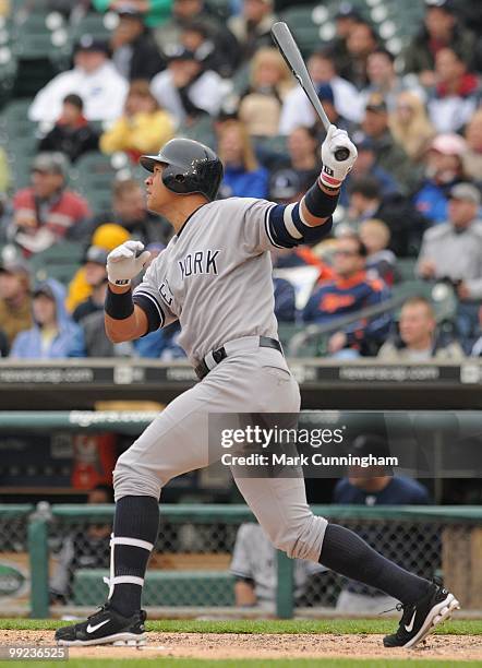 Alex Rodriguez of the New York Yankees bats during the first game of a double header against the Detroit Tigers at Comerica Park on May 12, 2010 in...