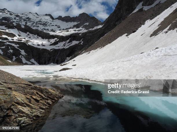 melting snow at lago nero (black lake), formazza valley - top nero stock pictures, royalty-free photos & images