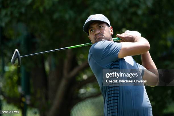 Tony Finau tees off on the first hole during round one of A Military Tribute At The Greenbrier held at the Old White TPC course on July 5, 2018 in...