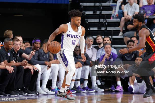 Frank Mason III of the Sacramento Kings handles the ball against the Miami Heat during the 2018 Summer League at the Golden 1 Center on July 5, 2018...