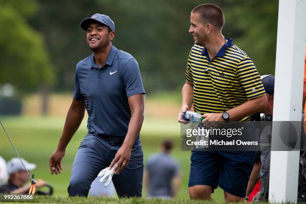 Tony Finau walks up to the 12th hole tee box during round one of A Military Tribute At The Greenbrier held at the Old White TPC course on July 5,...
