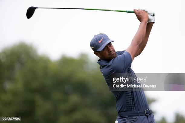 Tony Finau tees of the 12th hole during round one of A Military Tribute At The Greenbrier held at the Old White TPC course on July 5, 2018 in White...