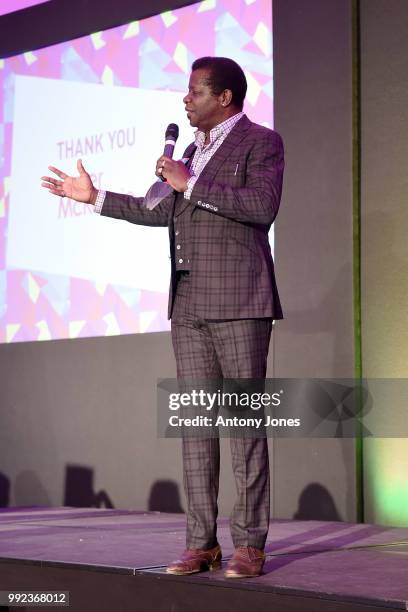 Stephen K. Amos speaks onstage at the Pride In London Gala Dinner 2018 at The Grand Connaught Rooms on July 5, 2018 in London, England.