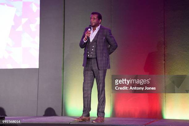 Stephen K. Amos speaks onstage at the Pride In London Gala Dinner 2018 at The Grand Connaught Rooms on July 5, 2018 in London, England.