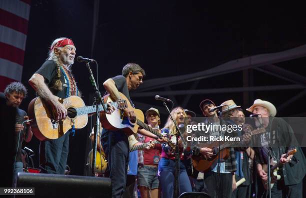 Mickey Raphael, Willie Nelson, Beto O'Rourke, Casey Kristofferson, Margo Price, Micah Nelson, and Ray Benson perform onstage with Willie Nelson and...