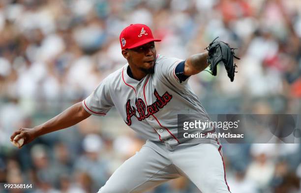 Julio Teheran of the Atlanta Braves in action against the New York Yankees at Yankee Stadium on July 4, 2018 in the Bronx borough of New York City....