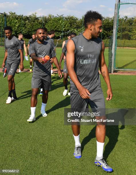 Alex Lacazette and Pierre-Emerick Aubameyang of Arsenal during a training session at London Colney on July 5, 2018 in St Albans, England.