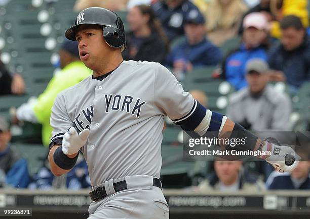 Alex Rodriguez of the New York Yankees bats during the first game of a double header against the Detroit Tigers at Comerica Park on May 12, 2010 in...