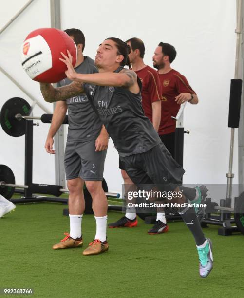 Hector Bellerin of Arsenal during a training session at London Colney on July 5, 2018 in St Albans, England.