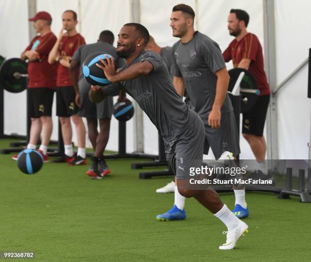 Alex Lacazette of Arsenal during a training session at London Colney on July 5, 2018 in St Albans, England.
