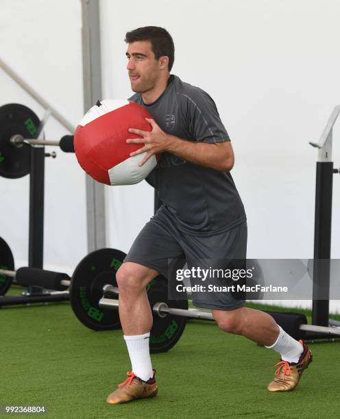 Sokratis of Arsenal during a training session at London Colney on July 5, 2018 in St Albans, England.
