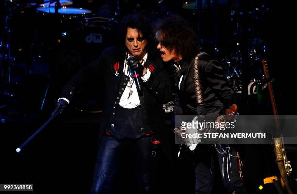 Singer Alice Cooper and guitar player Joe Perry perform with The Hollywood Vampires band during the 52th Montreux Jazz Festival on July 5, 2018 in...