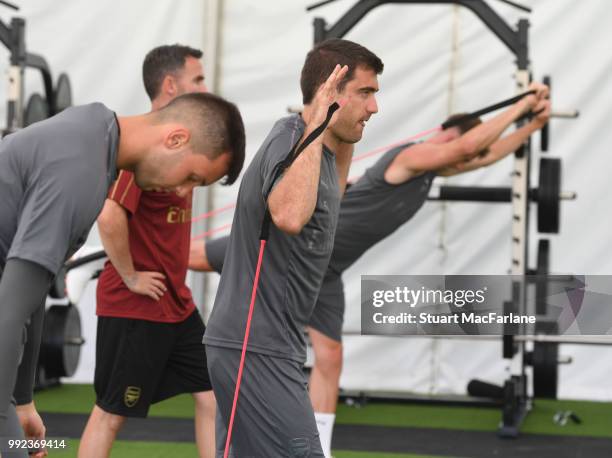 Sokratis of Arsenal during a training session at London Colney on July 5, 2018 in St Albans, England.