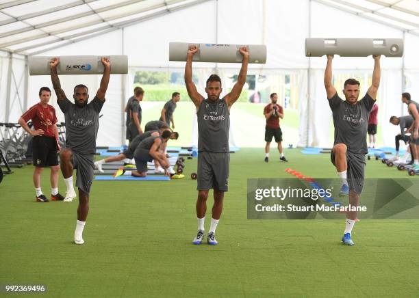 Alex Lacazette, Pierre-Emerick Aubameyang and Sead Kolasinac of Arsenal during a training session at London Colney on July 5, 2018 in St Albans,...