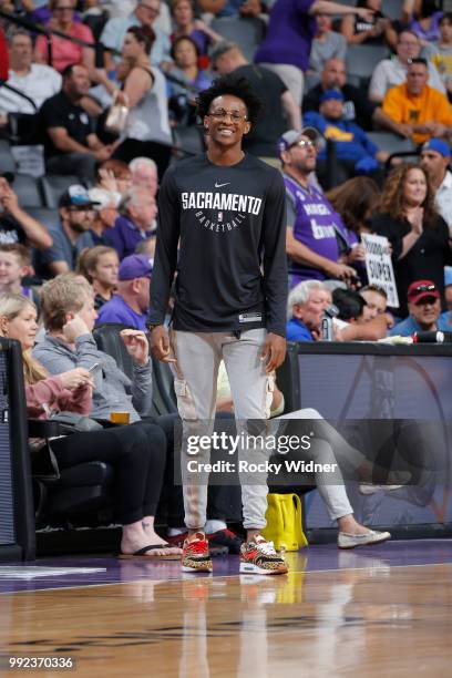 De'Aaron Fox of the Sacramento Kings looks on during the game against the Miami Heat during the 2018 Summer League at the Golden 1 Center on July 5,...