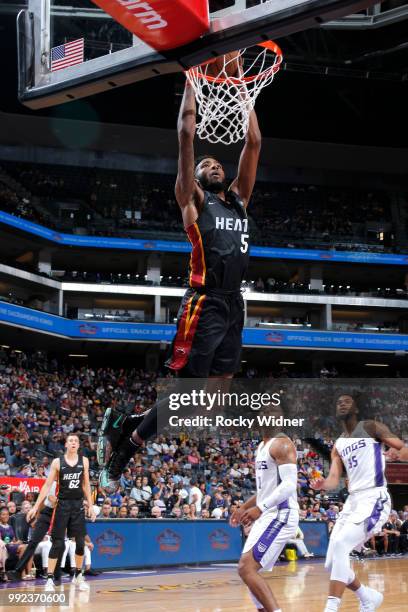 Derrick Jones Jr. #5 of the Miami Heat dunks the ball against the Sacramento Kings during the 2018 Summer League at the Golden 1 Center on July 5,...