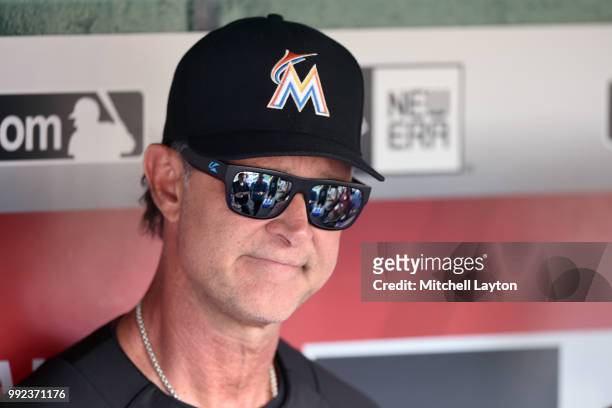 Manager Don Mattingly of the Miami Marlins addresses the media before a baseball game against the Washington Nationals at Nationals Park on July 5,...