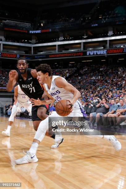 Justin Jackson of the Sacramento Kings drives against the Miami Heat during the 2018 Summer League at the Golden 1 Center on July 5, 2018 in...