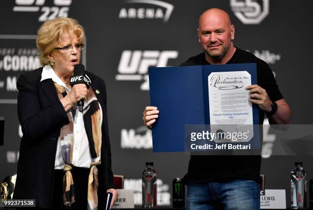 Las Vegas mayor Carolyn Goodman presents UFC president Dana White with a proclamation declaring July 5 'Ultimate Fighting Championship Day' during...