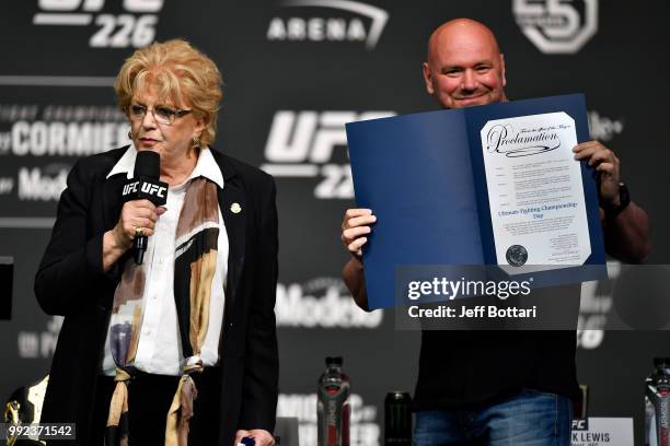 Las Vegas mayor Carolyn Goodman presents UFC president Dana White with a proclamation declaring July 5 'Ultimate Fighting Championship Day' during...