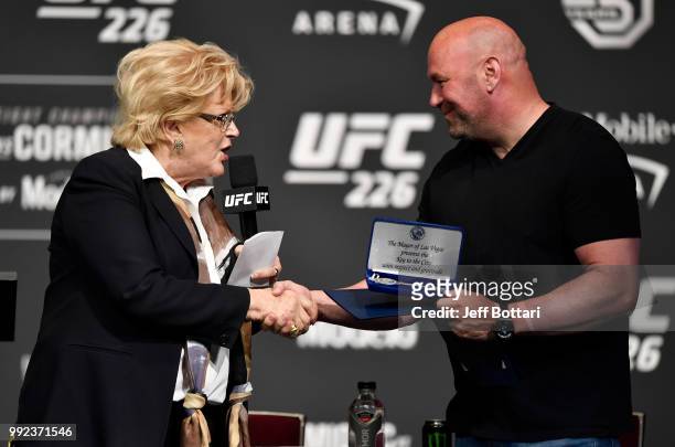 Las Vegas mayor Carolyn Goodman presents UFC president Dana White with a ceremonial key to the city during the UFC 226 Press Conference inside The...