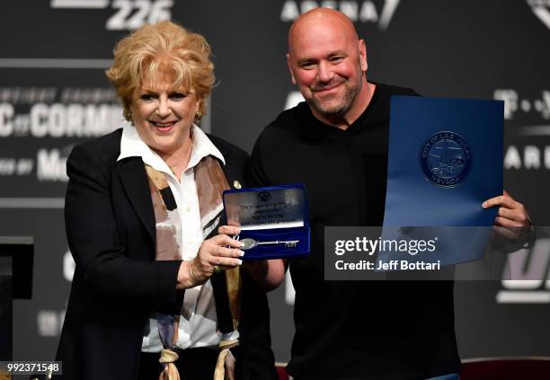 Las Vegas mayor Carolyn Goodman presents UFC president Dana White with a ceremonial key to the city during the UFC 226 Press Conference inside The...