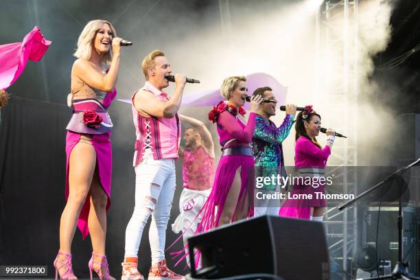 Faye Tozer, Ian "H" Watkins, Claire Richards, Lee Latchford-Evans and Lisa Scott-Lee of Steps Perform at Old Navy College on July 5, 2018 in London,...