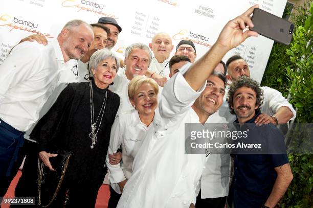 Spanish actress Concha Velasco pose with Spanish chefs Francis Paniego, Paco Roncero, Tono Perez, Jesus Sanchez, Diego Guerrero, Susi Diaz, Pepe...