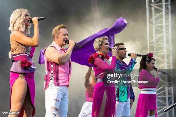 Faye Tozer, Ian "H" Watkins, Claire Richards, Lee Latchford-Evans and Lisa Scott-Lee of Steps Perform at Old Navy College on July 5, 2018 in London,...