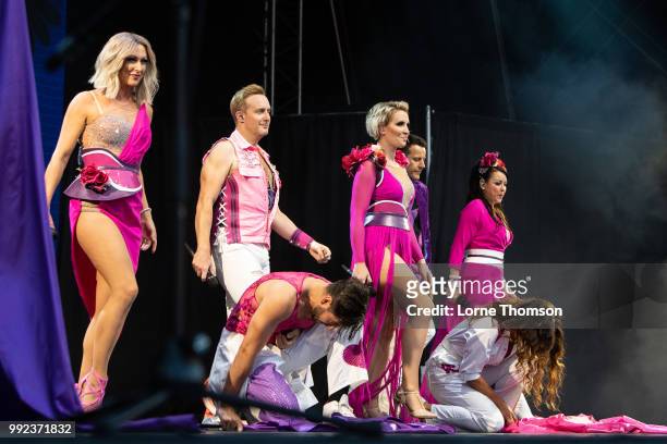 Faye Tozer, Ian "H" Watkins, Claire Richards, Lee Latchford-Evans and Lisa Scott-Lee of Steps Perform at Old Navy College on July 5, 2018 in London,...