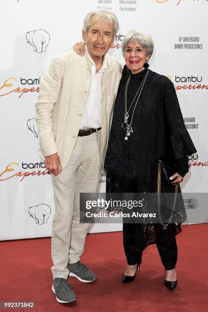 Spanish actors Jose Sacristan and Concha Velasco attend the Bambu 10th anniversary party at Gran Maestre Theater on July 5, 2018 in Madrid, Spain.