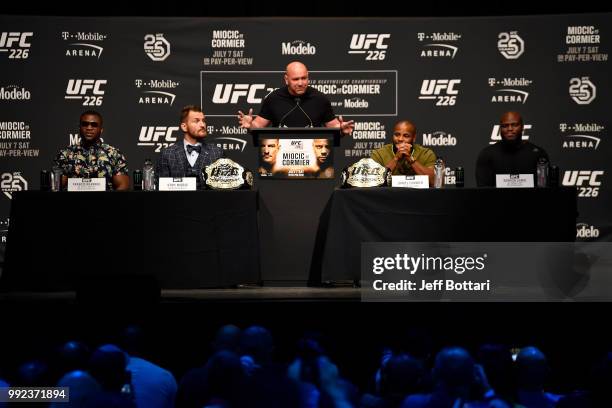 General view of fighters on the dais during the UFC 226 Press Conference inside The Pearl concert theater at Palms Casino Resort on July 5, 2018 in...