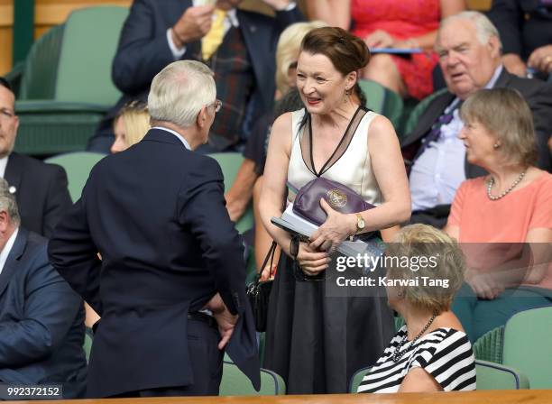 John Major and Lesley Manville attend day four of the Wimbledon Tennis Championships at the All England Lawn Tennis and Croquet Club on July 5, 2018...