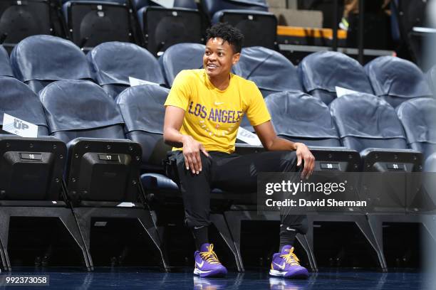 Alana Beard of the Los Angeles Sparks reacts before the game against the Minnesota Lynx on July 5, 2018 at Target Center in Minneapolis, Minnesota....