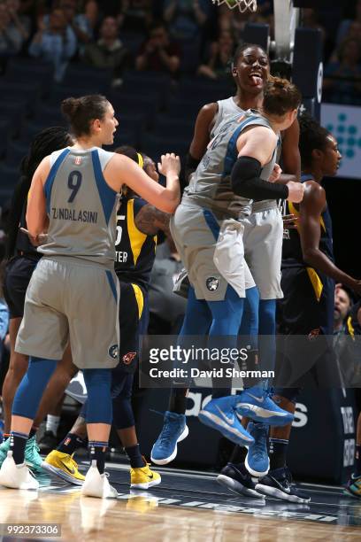 Temi Fagbenle of the Minnesota Lynx and Lindsay Whalen of the Minnesota Lynx celebrate during the game against the Indiana Fever on July 3, 2018 at...