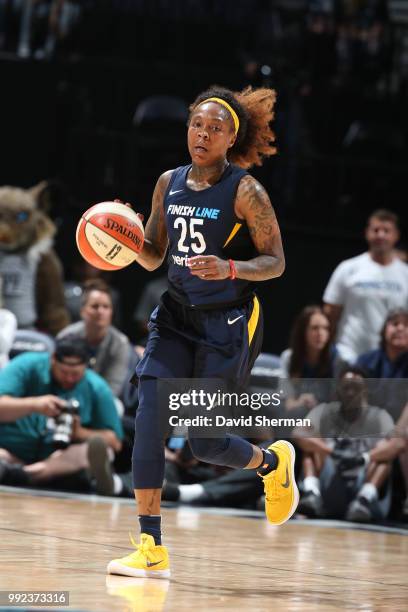 Cappie Pondexter of the Indiana Fever moves up the court during the game against the Minnesota Lynx on July 3, 2018 at Target Center in Minneapolis,...