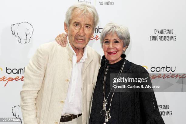 Spanish actors Jose Sacristan and Concha Velasco attend the Bambu 10th anniversary party at Gran Maestre Theater on July 5, 2018 in Madrid, Spain.