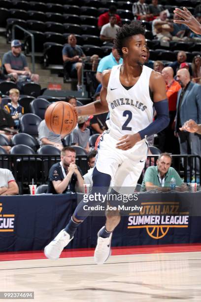 Kobi Simmons of the Memphis Grizzlies handles the ball against the San Antonio Spurs on July 5, 2018 at Vivint Smart Home Arena in Salt Lake City,...