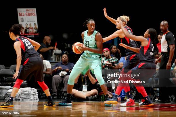 Tina Charles of the New York Liberty handles the ball against the Washington Mystics on July 5, 2018 at the Verizon Center in Washington, DC. NOTE TO...