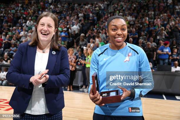 Renee Montgomery of the Atlanta Dream received her 2017 WNBA Championship ring before the game against the Minnesota Lynx on June 29, 2018 at Target...