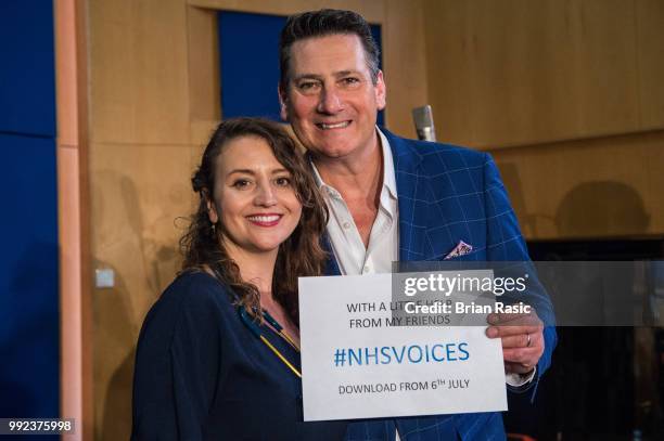 Dr. Katie Rogerson, choir leader and Tony Hadley during the recordings of NHS Voices charity single 'With A Little Help Of My Friends' at Abbey Road...