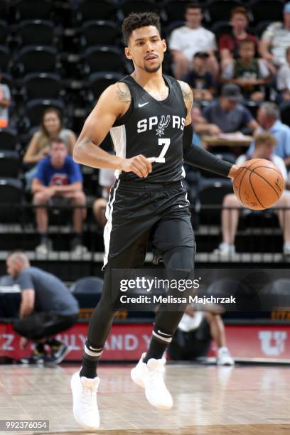 Olivier Hanlan of the San Antonio Spurs handles the ball against the Memphis Grizzlies on July 5, 2018 at Vivint Smart Home Arena in Salt Lake City,...