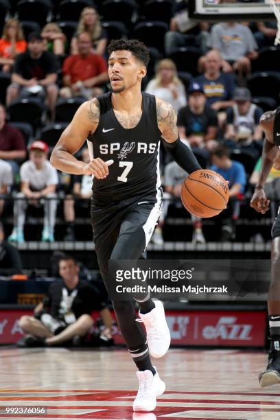 Olivier Hanlan of the San Antonio Spurs handles the ball against the Memphis Grizzlies on July 5, 2018 at Vivint Smart Home Arena in Salt Lake City,...