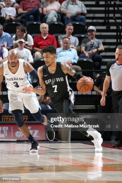 Olivier Hanlan of the San Antonio Spurs handles the ball against the Memphis Grizzlies on July 5, 2018 at Vivint Smart Home Arena in Salt Lake City,...