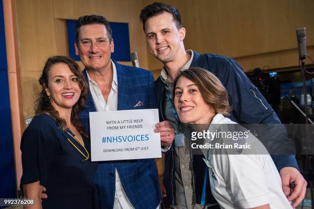 Dr. Katie Rogerson, choir leader, Tony Hadley, Joe Blunden, Choir leader and Caroline Smith, Choir member during the recordings of NHS Voices charity...