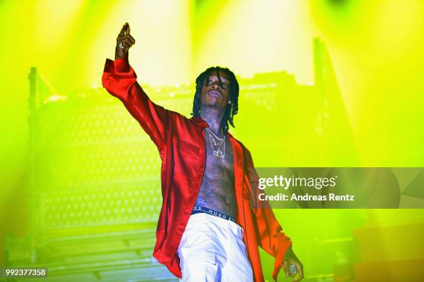 Wiz Khalifa performs at the HUGO show during the Berlin Fashion Week Spring/Summer 2019 at Motorwerk on July 5, 2018 in Berlin, Germany.